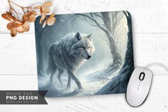 Snowy Wolf in a Misty Forest Mouse Pad PNG Design Product Image 1