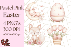 Pastel Pink Easter Bunny Egg and Flowers Clipart PNG Product Image 1