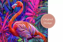 Pink Flamingo Tumbler Wrap, Neon Tropical Leaves Tumbler PNG Product Image 2