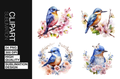 Blue Bird Floral Art Clipart PNG Product Image 1