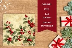 Christmas Square Coasters, Watercolor Christmas Berry PNG Product Image 2
