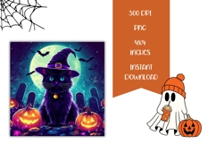 Neon Halloween Cat Square Coasters, Cartoon Black Cat PNG Product Image 2