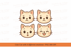 Cute Cat with 4 Emotions Kawaii Cat Faces Clipart Set PNG Product Image 1