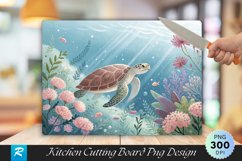Underwater Serenity Turtle Pastel Flora Cutting Board PNG Product Image 1