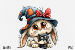 Halloween Bunny PNG, Witch Rabbit and Black Cat Clipart Product Image 1