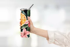 Orange with Leaves and Flowers Tumbler Wrap Sublimation Product Image 2