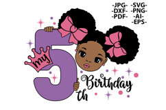 My 5th Birthday Girl SVG Glitter Purple Afro Puff Princess Product Image 2