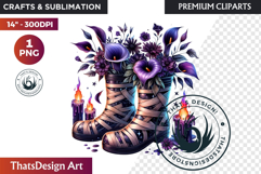 Halloween Floral Rain Boots - Cute Witchy Garden Clipart PNG Product Image 1