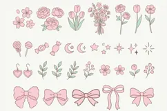 Coquette Floral Clipart PNG SVG, Pastel Bows Flowers Stars Product Image 2
