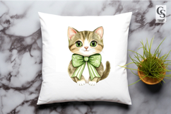 Watercolor Shamrock Bow Cat Clipart Sublimation PNG Product Image 2