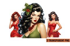 Watercolor Vintage Pin Up Christmas Girl Clipart , PNG Product Image 1