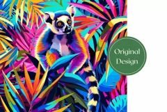 Lemur Tumbler Wrap Design, Neon Tropical Leaves Tumbler PNG Product Image 2