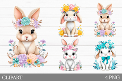Cute Bunny Clipart. Bunny Flowers Clipart Product Image 1