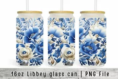 Blue Floral Tumbler Flower Wrap, 16oz Libbey Glass Can PNG Product Image 1