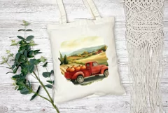 Red Farm Truck Illustration, Watercolor Fall Pumpkins Print Product Image 2