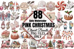 Cute Pink Christmas Watercolor Clipart PNG Product Image 1