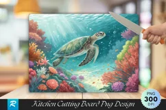 Sea Turtle Swimming Coral and Flowers Cutting Board PNG Product Image 1