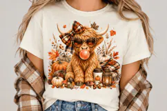 Highland Cow Fall PNG, Cute Autumn Cow Sublimation, Pumpkin Product Image 1