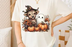 Halloween Ghost And Highland Cow Png, Floral Halloween Png. Product Image 2