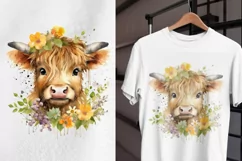 Highland Cow Sublimation PNG, Flower Watercolor, Summer PNG Product Image 2