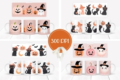 Cartoon Halloween Cats Mug Wrap, Funny Pumpkins Mug PNG Product Image 2