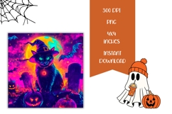 Neon Halloween Square Coasters, Black Cat Square Coasters Product Image 2