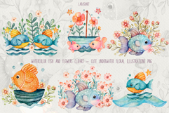 Watercolor Fish and Flowers Clipart Cute Underwater Floral Product Image 2