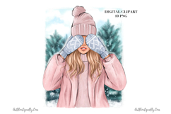 Cozy Girl with Mittens PNG Set, Winter Woman Illustration Product Image 1