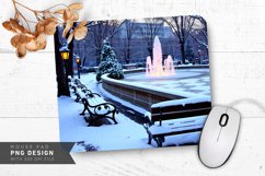 Serene Winter Lake with Snow Covered Banks Mouse Pad PNG Product Image 1