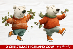 2 Christmas Highland Cow Clipart | Rustic Festive Cow PNG Product Image 1