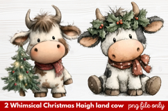 2 Whimsical Christmas Highland Cow Clipart | Cute Festive Product Image 1