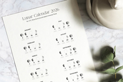 Printable lunar calendar 2026 featuring accurate moon phase icons aligned with UTC timestamps, clean A5 design for gardening, astrology and spiritual planning practices.
