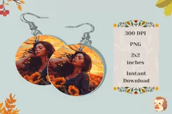 Girl in Sunflowers Round Earrings Design, Fall Earrings PNG Product Image 2