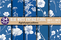 Blue White Vintage Floral Chinoiserie Digital Paper PNG Product Image 1