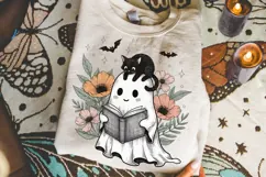 Halloween Ghost and Cat Png, Preppy Floral Halloween Png. Product Image 2