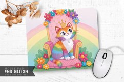 Regal Rainbow Cat on a Floral Throne Mouse Pad PNG Design Product Image 1
