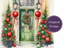 Christmas Tumbler Wrap Design, Watercolor Christmas Door PNG Product Image 2