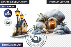 Watercolor Winter Landscape Snowy Cabin Illustration png Product Image 1