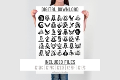 Digital download poster preview showing all 42 owl SVG, PNG, DXF, EPS, and PDF designs.