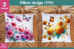 Summer pillow, Floral pillow, Butterfly Watercolor flowers Product Image 1