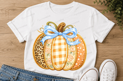 Blue Bow Pumpkin SVG PNG Floral Patchwork Fall Pumpkin PNG Product Image 2