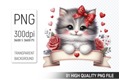 Cute Cat Clipart PNG, Valentine&#039;s Day Animal PNG File Product Image 1