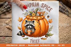 Pumpkin Spice Thief PNG, Cute Raccoon Sublimation Design Product Image 1