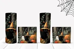 Floral Halloween Tumbler, Halloween Black Cat Tumbler PNG Product Image 2
