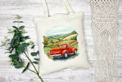 Red Farm Truck Illustration, Watercolor Pumpkins PNG Product Image 2