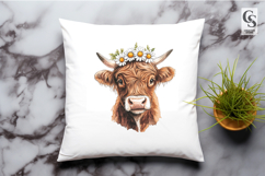 Highland Cow With Daisy Crown Clipart Sublimation PNG Product Image 2