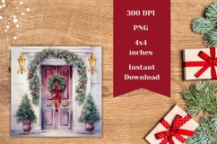Christmas Square Coaster, Watercolor Christmas Door PNG Product Image 2