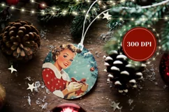 Retro Christmas Ornament Design, Retro Woman Round Ornament Product Image 2
