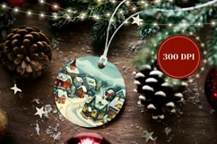 Cartoon Village Round Ornament, Cozy Winter Ornament Print Product Image 2
