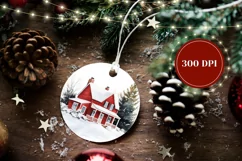 Watercolor Christmas Round Ornament, Winter House PNG Product Image 2